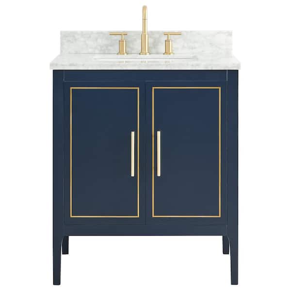 Chameleon Concepts Exeter 30 in. W x 21 in. D x 34 in. H Single Sink Bath Vanity in Navy with Carrara Marble Top and Ceramic Basin