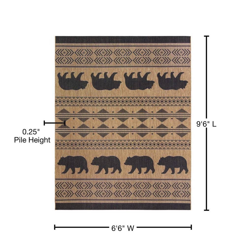 Chestnut Brown and Black Synthetic Bear Print Outdoor Rug