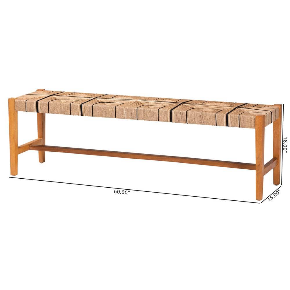 Natural Mahogany and Woven Paper Loom Bohemian Dining Bench