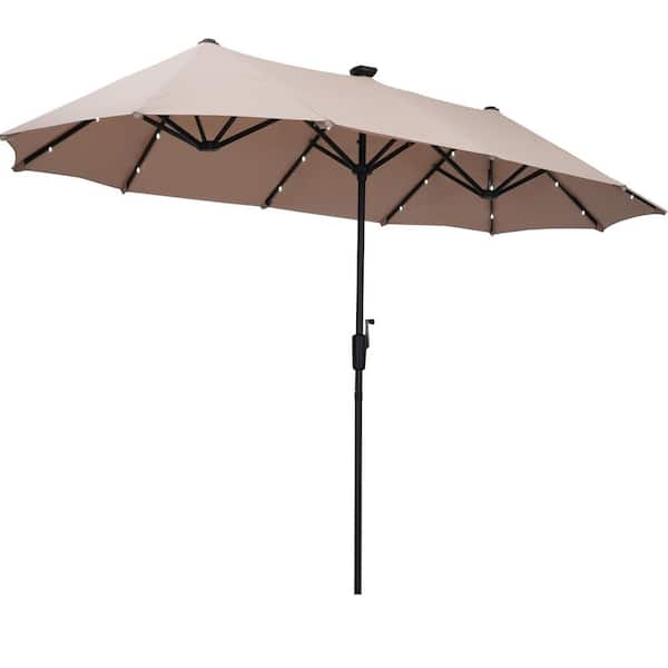13 ft. Steel Market Solar Patio Umbrella Double-Side with LED Light in Khaki