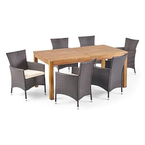 Oslo Multi-Brown 7-Piece Polyethylene Faux Rattan and Acacia Wood Outdoor Dining Set with Beige Cushions