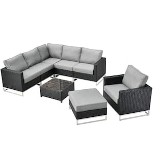 Mille Lacs Black 8-Piece NO ASSEMBLY Wicker Outdoor Patio Conversation Sectional Sofa Set with Dark Gray Cushions
