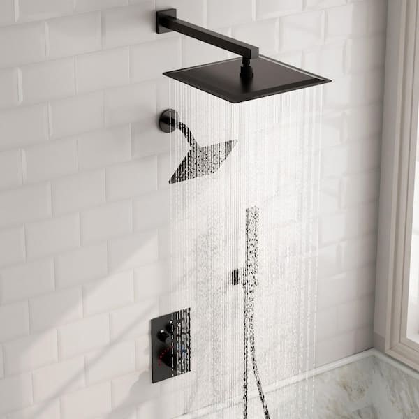 Zenith Rain 7-Spray 12 & 6 in. Dual Wall Mount Shower Head and Handheld Shower Head 2.5 GPM in Matte Black Valve Include