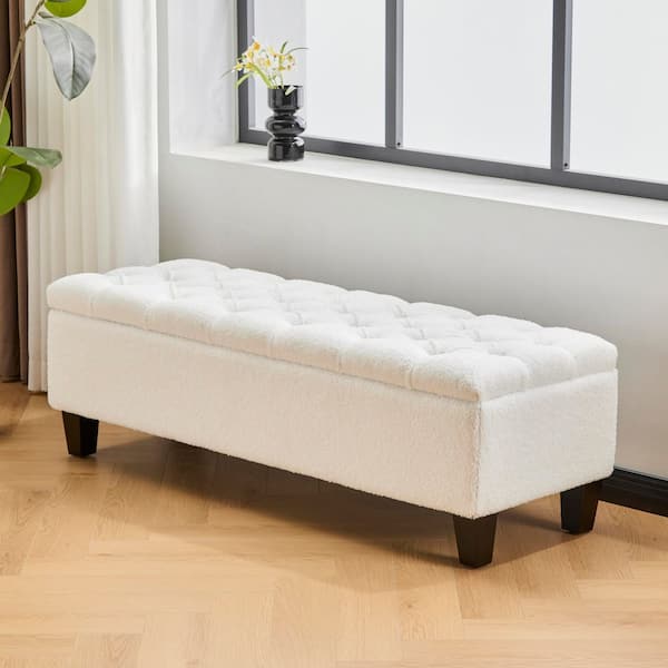 Ottilie 50.75 in. White Boucle Fabric Upholstered Storage Ottoman Bedroom Bench with Solid Wood Legs