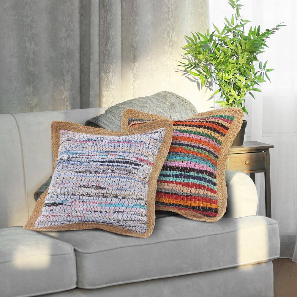 Pastel Striped Cotton and Jute Square Throw Pillow