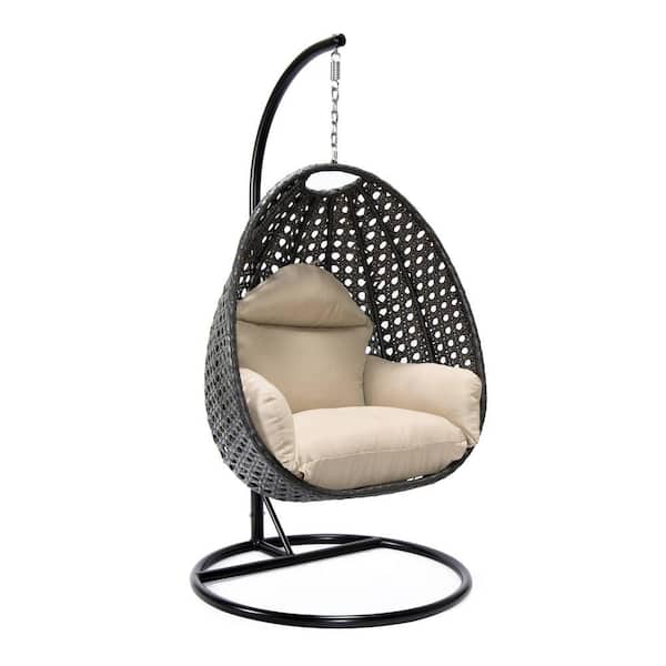 Charcoal Wicker Indoor Outdoor Hanging Egg Swing Chair For Bedroom and Patio with Stand and Cushion in Beige