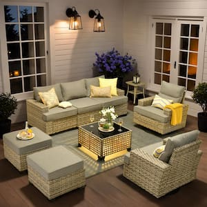 Tiberny Gray 9-Piece Wicker Patio Conversation Seating Set with Dark Gray Cushions and Swivel Chairs