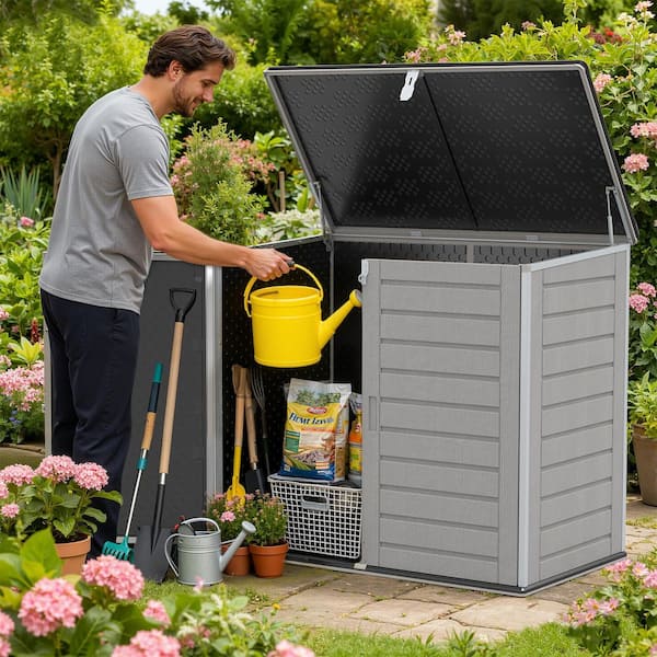 4.6 ft. W x 2.7 ft. D Horizontal Outdoor Plastic Storage Shed, Trash Can Storage Cabinet with 3-Doors(12.3 sq. ft.)