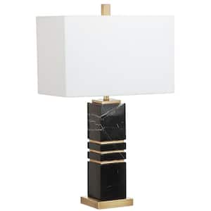 Jaxton Marble 27.5 in. Black/Gold Column Table Lamp with White Shade