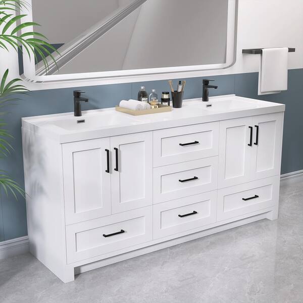 Zeafive 72 in. Double Sinks Freestanding White Bath Vanity with
