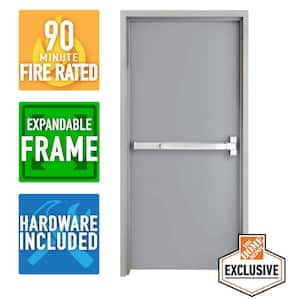 36 in. x 80 in. Fire-Rated Left Hand Galvanneal Finish Steel Commercial Door Slab with Panic Bar and Adjustable Frame