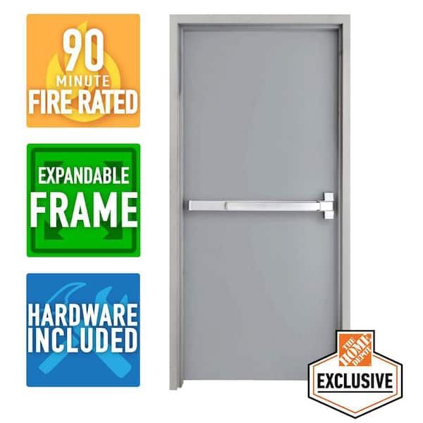 Armor Door 36 in. x 80 in. Fire-Rated Left Hand Galvanneal Finish Steel Commercial Door Slab with Panic Bar and Adjustable Frame
