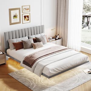 Floating Style Gray Wood Frame Queen Size Upholstered Platform Bed with Sensor Light