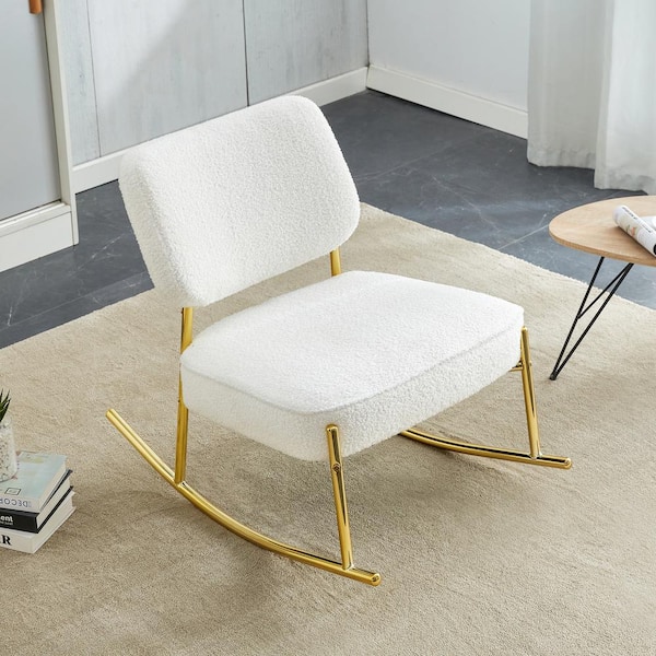 Unbranded Metal Outdoor Rocking Chair with White Teddy Suede Material Cushion, with Backrest and Golden Metal Legs