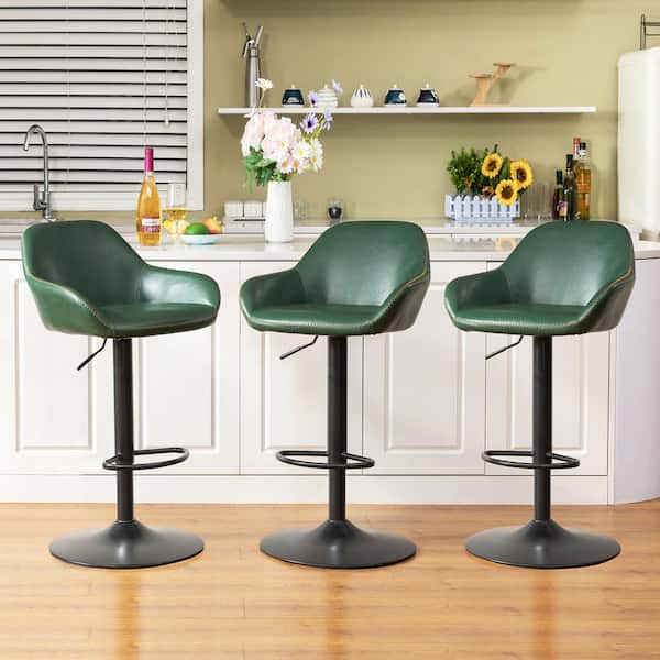 Glitzhome 42.5 in. H Mid-Century Vintage Hunter Green Leatherette Gaslift Adjustable Swivel Bar Stool with Metal Frame (Set of 3)