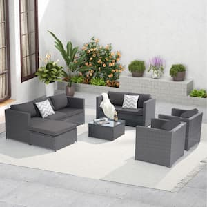 6-Piece Gray Wicker Patio Conversation Set Furniture Sofa Set with Table and Light Grey Cushions