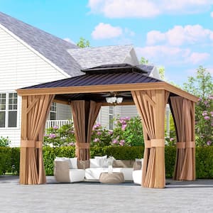 12 ft. x 10 ft. Outdoor Double Hardtop Gazebo, Wooden Finish Coated Aluminum Frame Canopy with Netting, Curtains