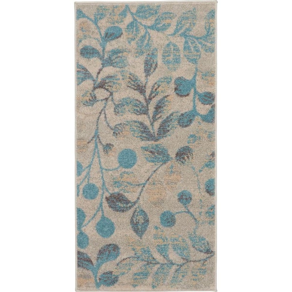 Nourison Tranquil Ivory/Turquoise doormat 2 ft. x 4 ft. Floral Modern Kitchen Area Rug