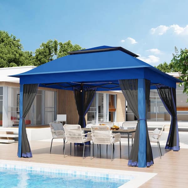 11 ft. x 11 ft. Dark Blue Pop-Up Outdoor Patio Steel Metal Frame Soft Top Gazebo with Mosquito Netting