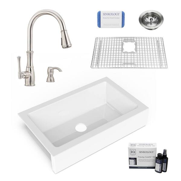 SINKOLOGY Grace 34 in. Quick-Fit Undermount Single Bowl Crisp White Fireclay Kitchen Sink with Wheaton Faucet Kit