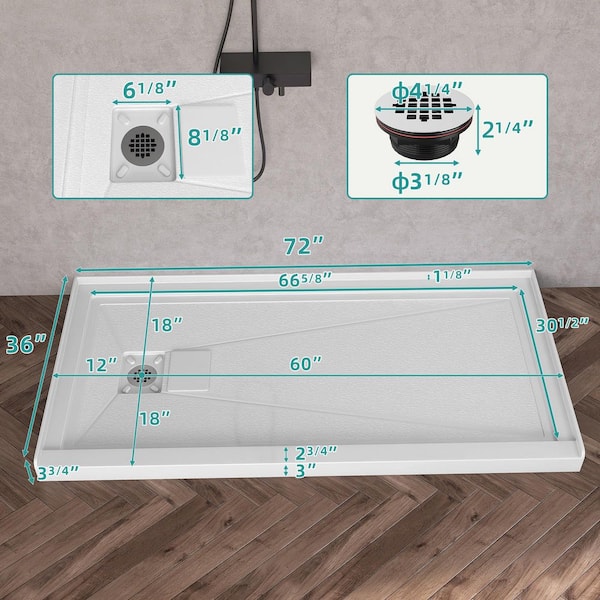 72 in. x 36 in. Single Threshold Alcove Shower Pan Base with Left Drain Hole and Magnetic Cover Shower Tray in White