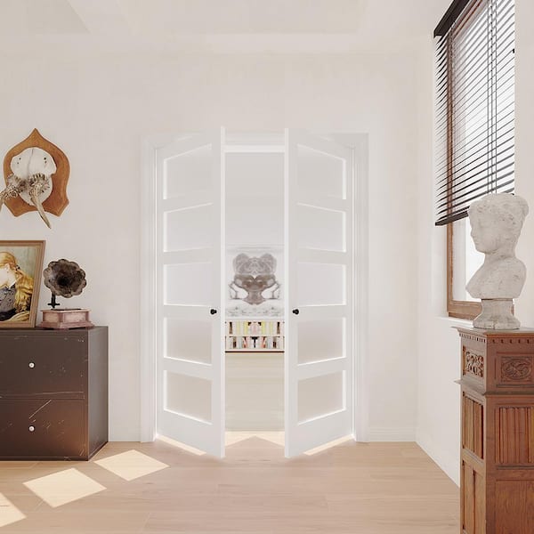 64 in. x 80 in.(Double 32" Doors) MDF, Finished, White, 5 Panel, Frosted Glass, Pantry Door Panels Slab Sliding Door