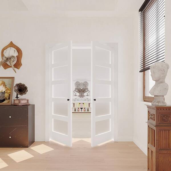 64 in. x 80 in. White Solid Core MDF Wood Frosted Glass 5-Panel Assembly Required Interior Door Slab