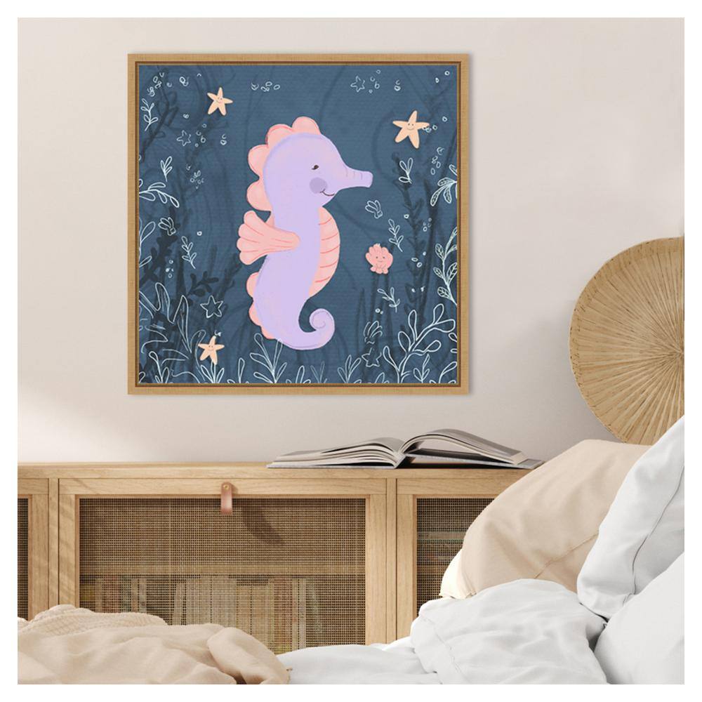 Seahorse and Turtle Blue I Pastel Canvas Wall Art with Maple Frame