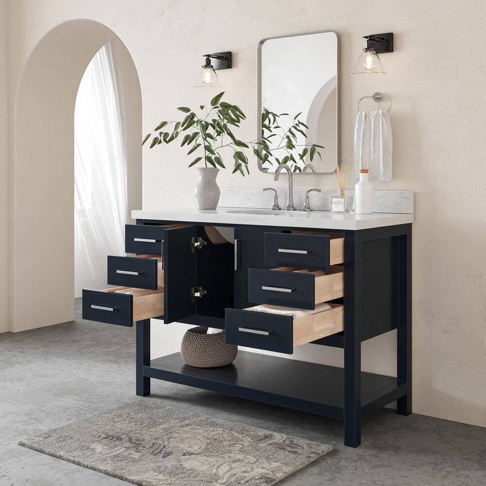 Midnight Blue Solid Wood Bath Vanity with White Marble Top