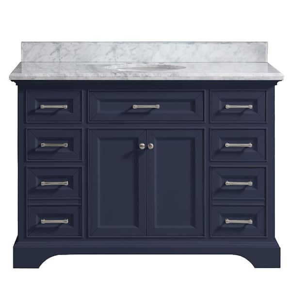 Windlowe 49 in. Single Sink Navy Blue Bath Vanity with White Carrara White Marble Top (Assembled)