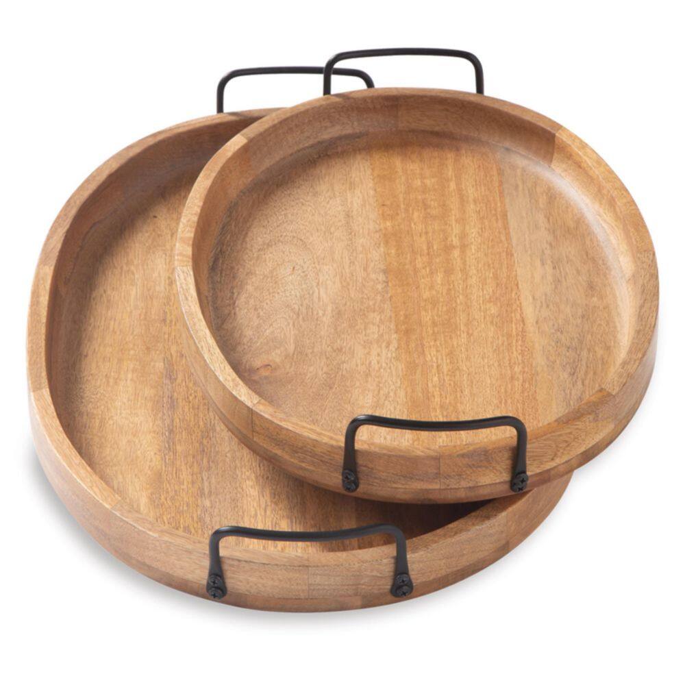 Jocelyne Contemporary 17" Brown Wood & Metal Serving Tray Set
