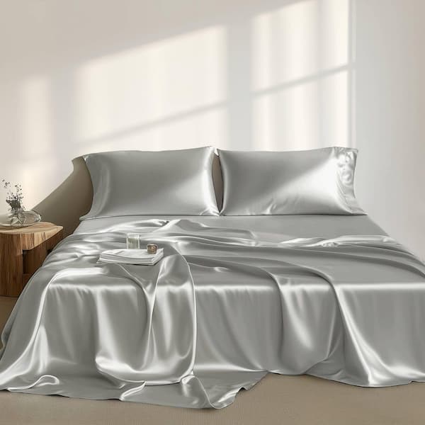 Madison Park Satin 6-Piece Light Grey Solid Polyester Full Luxury Sheet Set