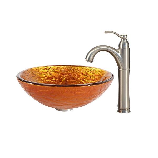 KRAUS Blaze Glass Vessel Sink in Gold with Riviera Faucet in Satin Nickel