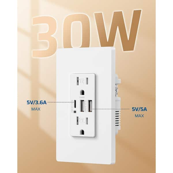 White 15 Amp Tamper Resistant Receptacle Outlet with 3-Port USB Wall Outlet (4-Pack)