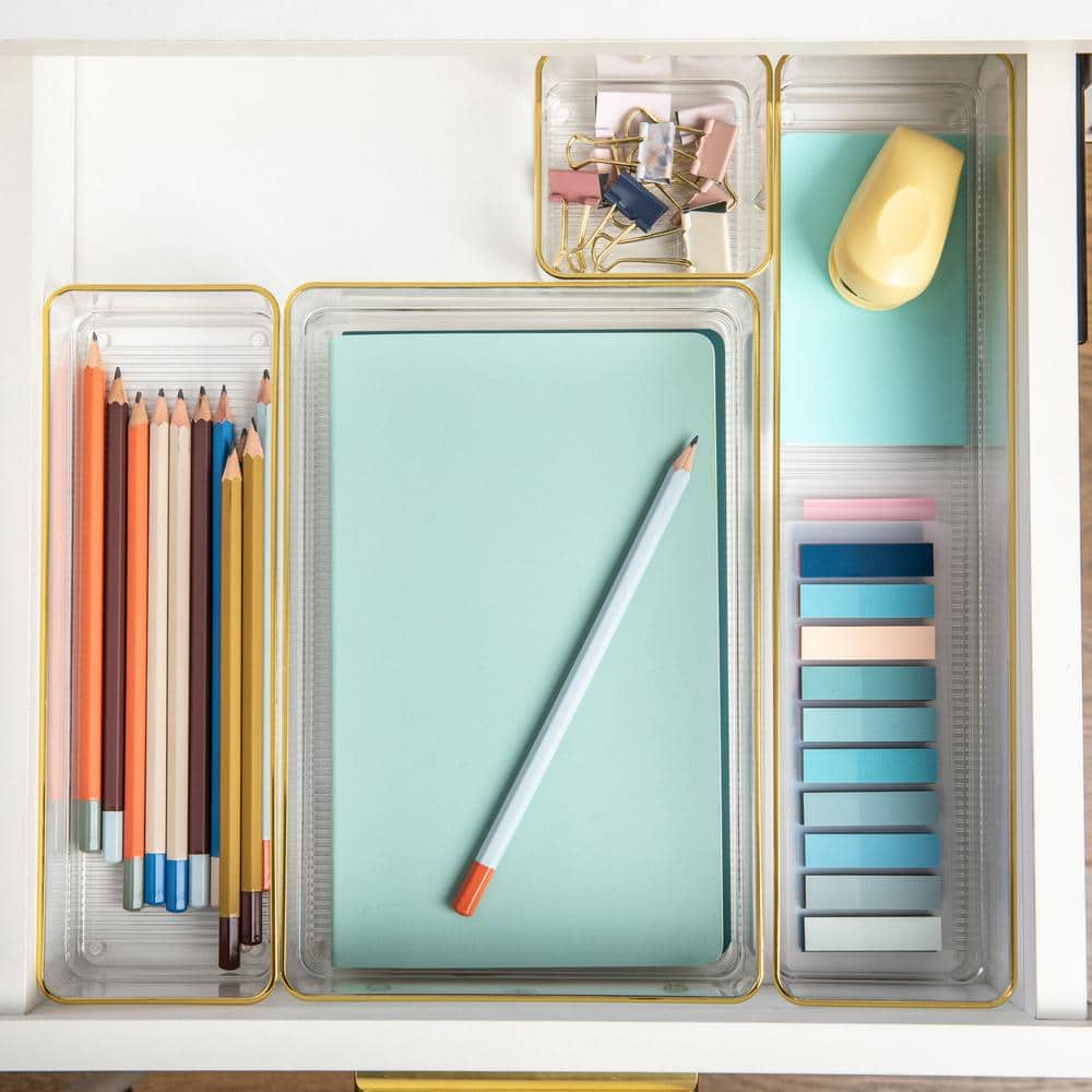 Martha Stewart Clear Plastic Stackable Desk Drawer Organizers with Gold Trim, Set of 8