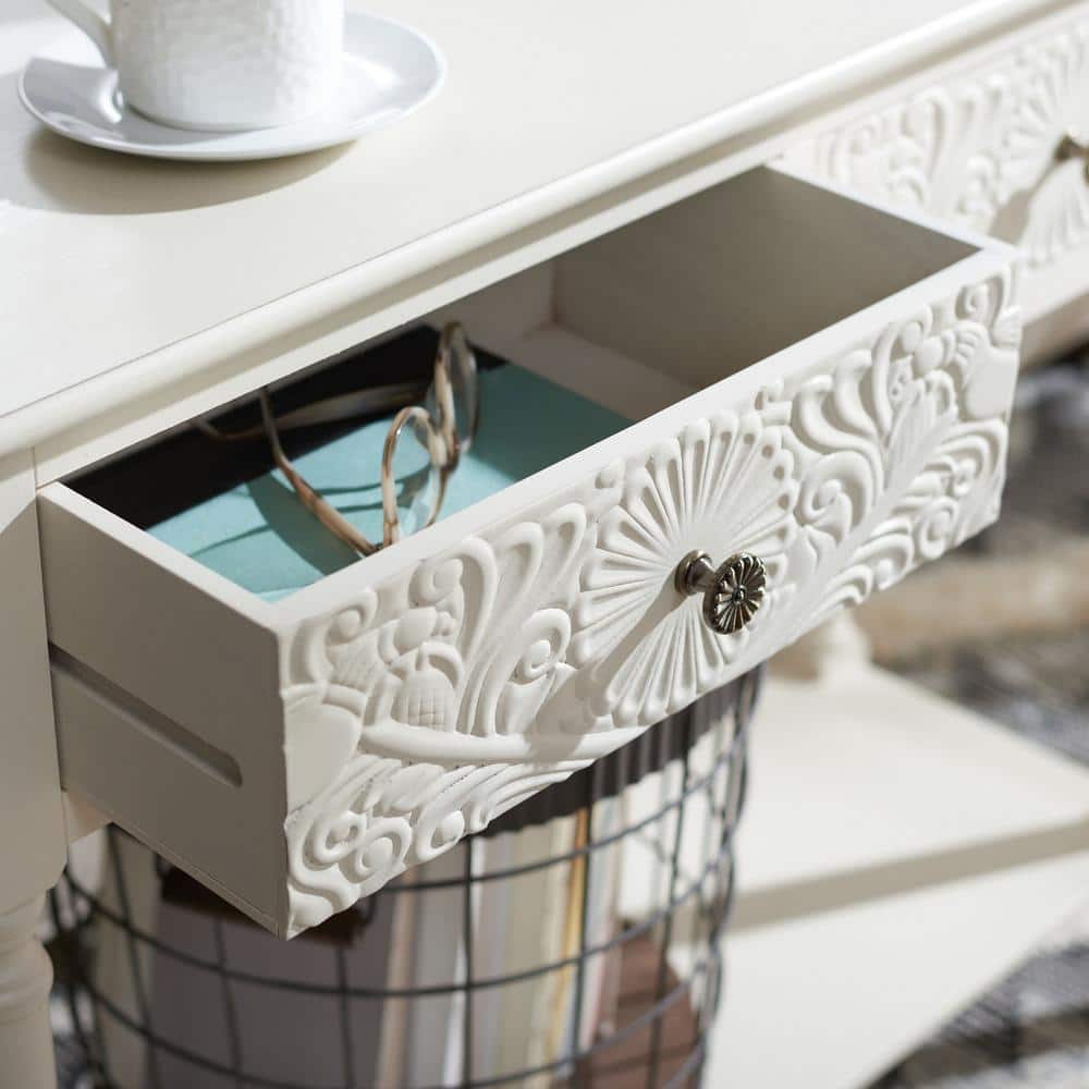 Distressed White Carved Wood Hallway Table with Storage
