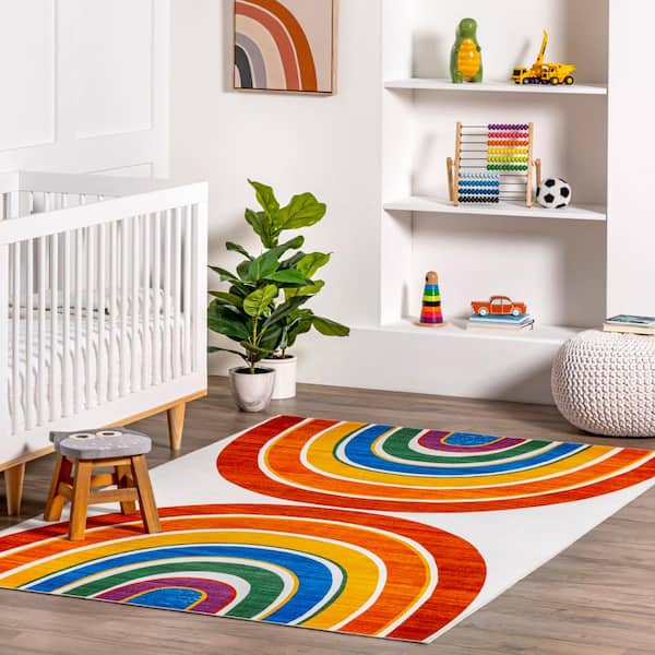 Classic Double Rainbow Machine Washable Kids White Multi 7 ft. x 9 ft. Area Rug