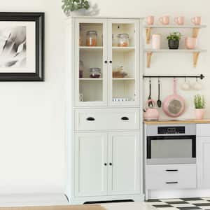 Off-White Wood 30 in. W Kitchen Pantry Cabinet Storage with Adjustable Shelves and Glass Doors
