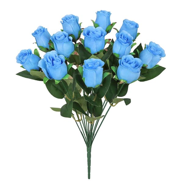 LIVING LUXURY 19.5 in. Blue Artificial Rose Bud Flower Stem Bush Bouquet (Set of 2)