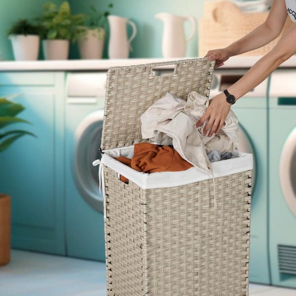 26.4 Gal. Light Gray Rattan Deck Box Laundry Hamper with Lid