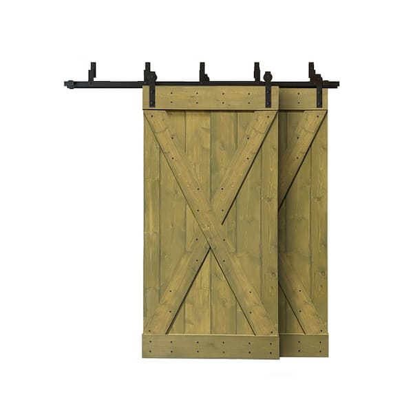 CALHOME 76 in. x 84 in. X Series Bypass Jungle Green Stained Solid Pine Wood Interior Double Sliding Barn Door with Hardware Kit