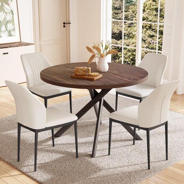 GOJANE 5-Piece Modern Walnut Round Dining Table Set for Dining Coffee Room (Walnut Table+4 White Chairs)