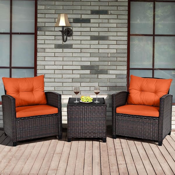 Costway 3-Piece Rattan Wicker Patio Conversation Set Sofa Coffee Table with Orange Cushions