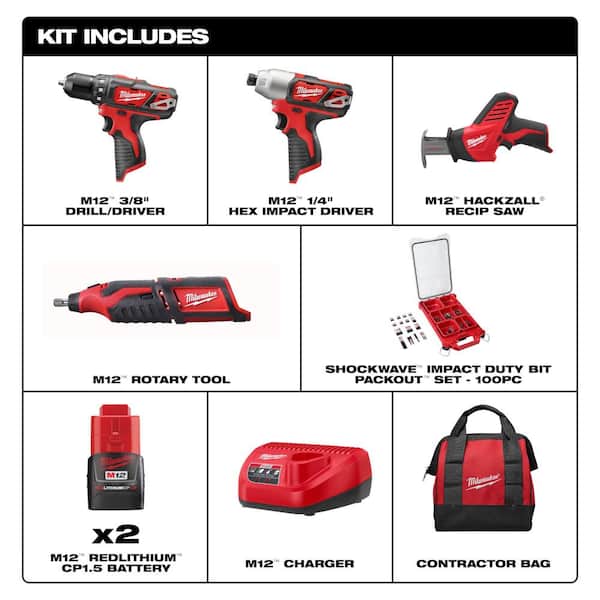 M12 12V Li-Ion Cordless 4-Tool Combo Kit w (2) Compact 1.5Ah Batteries, Charger & Bit Set with PACKOUT Case (100-Pc)