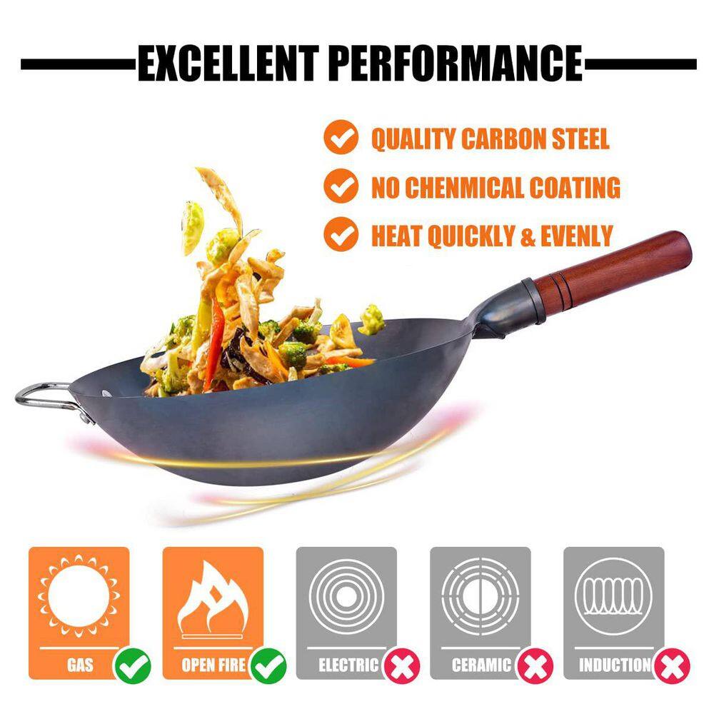 13.4 in. Hand Hammered Carbon Steel Wok, No Coating Round Bottom Chinese Wok Pan Set, Gas Stovetop Compatible - Thumbnail 2
