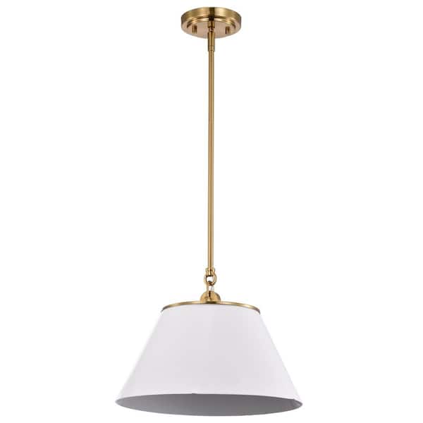 SATCO Dover 60-Watt 1-Light White and Vintage Brass Shaded Pendant Light with White Metal Shade and No Bulbs Included