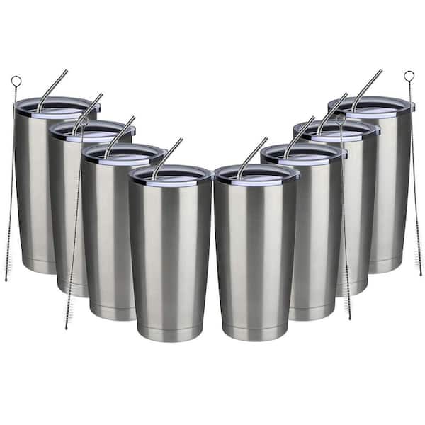 8-Pack 20 oz. Double Wall Vacuum Insulated Stainless Steel Tumbler with Lid and Straw, Silver Metallic