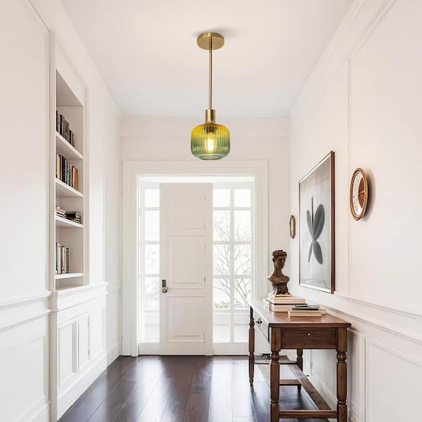 6 in. 1-Light Brass Pendant Light with Green Gradient Glass Shade