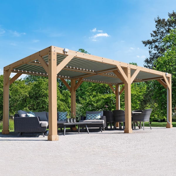 Meridian 10 ft. x 20 ft. Premium Cedar Patio Shade Pergola with Gray Louvered Roof Panels and Built-In Gutter System