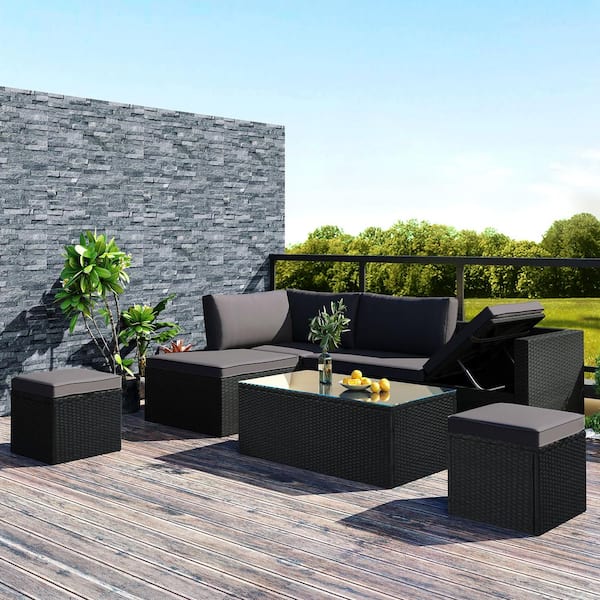 Afoxsos Black 5-Piece PE Rattan Wicker Outdoor Sectional Sofa Set with Movable Gray Cushions